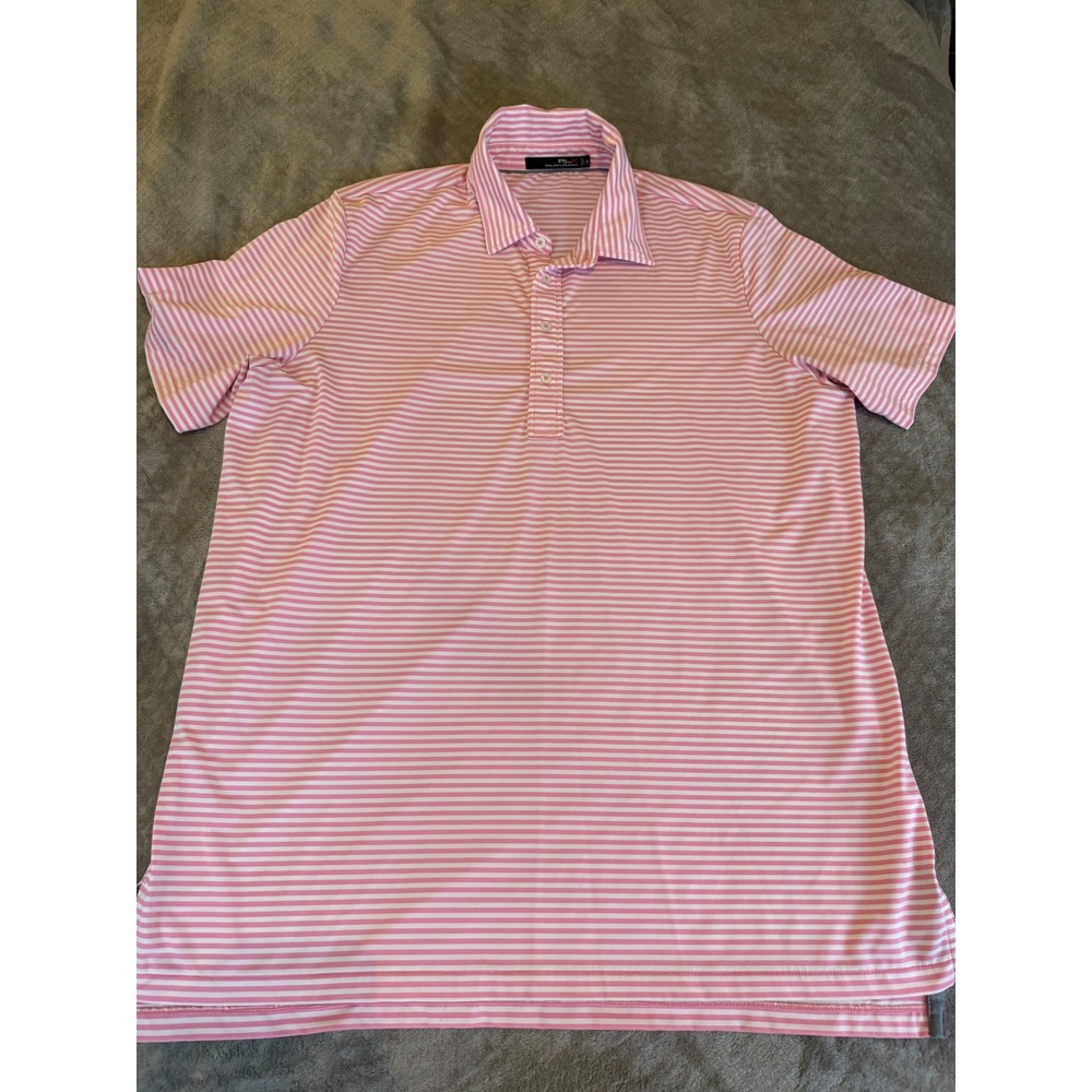 RLX Ralph Lauren Mens XL Pink White Striped Golf Polo Shirt Short Sleeve Stretch